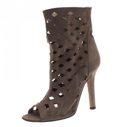 Pre Owned Jimmy Choo Grey Suede Reese Cutout Ankle Boots Size 40.5
