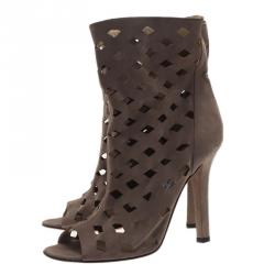 Pre Owned Jimmy Choo Grey Suede Reese Cutout Ankle Boots Size 40.5