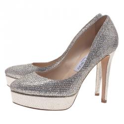 Pre Owned Jimmy Choo Silver Glitter Eros Platform Pumps Size 37