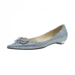 Pre Owned Jimmy Choo Glitter and Crystal Raquelle Bow Ballet Flats Size 38
