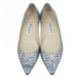 Pre Owned Jimmy Choo Glitter and Crystal Raquelle Bow Ballet Flats Size 38