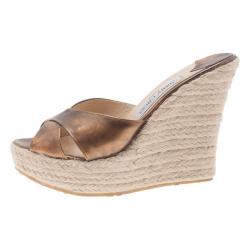 Pre Owned Jimmy Choo Metallic Gold Leather and Espadrille Perfume Wedge Slides Size 38