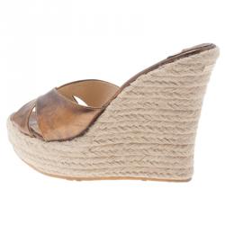 Pre Owned Jimmy Choo Metallic Gold Leather and Espadrille Perfume Wedge Slides Size 38