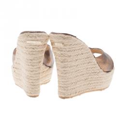 Pre Owned Jimmy Choo Metallic Gold Leather and Espadrille Perfume Wedge Slides Size 38
