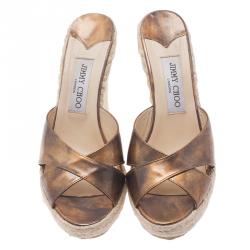 Pre Owned Jimmy Choo Metallic Gold Leather and Espadrille Perfume Wedge Slides Size 38