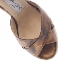Pre Owned Jimmy Choo Metallic Gold Leather and Espadrille Perfume Wedge Slides Size 38