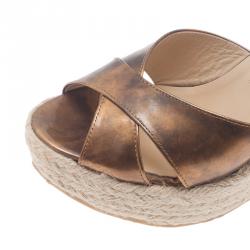 Pre Owned Jimmy Choo Metallic Gold Leather and Espadrille Perfume Wedge Slides Size 38