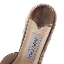 Pre Owned Jimmy Choo Metallic Gold Leather and Espadrille Perfume Wedge Slides Size 38