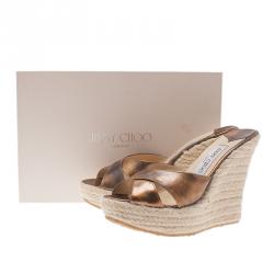 Pre Owned Jimmy Choo Metallic Gold Leather and Espadrille Perfume Wedge Slides Size 38