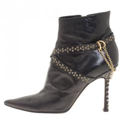 Pre Owned Jimmy Choo Black Leather Grommet Strap and Chain Detail Ankle Boots Size 38.5