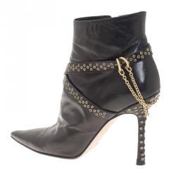 Pre Owned Jimmy Choo Black Leather Grommet Strap and Chain Detail Ankle Boots Size 38.5