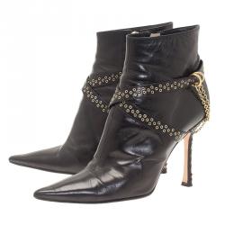 Pre Owned Jimmy Choo Black Leather Grommet Strap and Chain Detail Ankle Boots Size 38.5