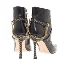 Pre Owned Jimmy Choo Black Leather Grommet Strap and Chain Detail Ankle Boots Size 38.5