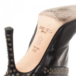 Pre Owned Jimmy Choo Black Leather Grommet Strap and Chain Detail Ankle Boots Size 38.5