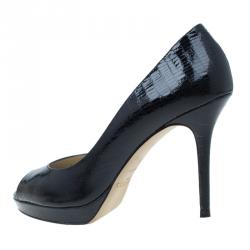 Pre Owned Jimmy Choo Black Lizard Embossed Quiet Peep Toe Pumps Size 38.5