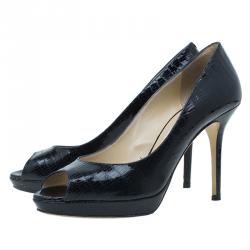 Pre Owned Jimmy Choo Black Lizard Embossed Quiet Peep Toe Pumps Size 38.5