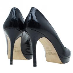 Pre Owned Jimmy Choo Black Lizard Embossed Quiet Peep Toe Pumps Size 38.5