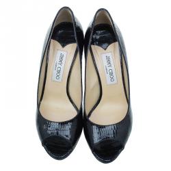 Pre Owned Jimmy Choo Black Lizard Embossed Quiet Peep Toe Pumps Size 38.5