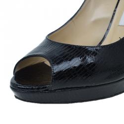 Pre Owned Jimmy Choo Black Lizard Embossed Quiet Peep Toe Pumps Size 38.5