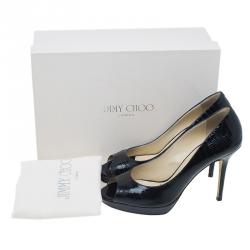 Pre Owned Jimmy Choo Black Lizard Embossed Quiet Peep Toe Pumps Size 38.5