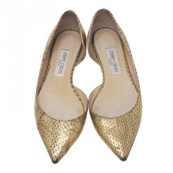 مملوكة مسبقًا حذاء فلات جيمي تشو دورسي جلد ذهبي ميتاليك منقوش مقدمة مدببة مقاس 39.5