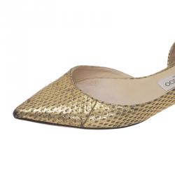 مملوكة مسبقًا حذاء فلات جيمي تشو دورسي جلد ذهبي ميتاليك منقوش مقدمة مدببة مقاس 39.5