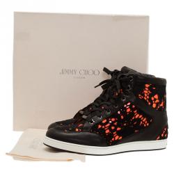 Pre Owned Jimmy Choo Neon Leather and Lace Tokyo High Top Sneakers Size 37