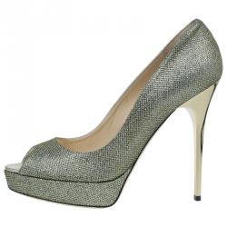 Pre Owned Jimmy Choo Gold Glitter Fabric Dahlia Platform Peep Toe Pumps Size 40.5