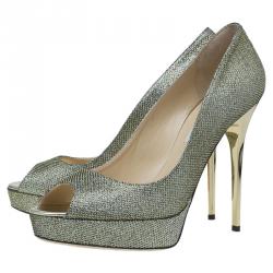 Pre Owned Jimmy Choo Gold Glitter Fabric Dahlia Platform Peep Toe Pumps Size 40.5