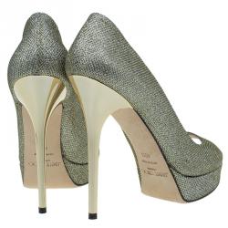 Pre Owned Jimmy Choo Gold Glitter Fabric Dahlia Platform Peep Toe Pumps Size 40.5