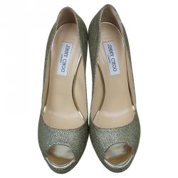 Pre Owned Jimmy Choo Gold Glitter Fabric Dahlia Platform Peep Toe Pumps Size 40.5