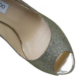 Pre Owned Jimmy Choo Gold Glitter Fabric Dahlia Platform Peep Toe Pumps Size 40.5