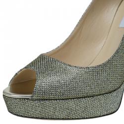 Pre Owned Jimmy Choo Gold Glitter Fabric Dahlia Platform Peep Toe Pumps Size 40.5