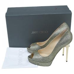 Pre Owned Jimmy Choo Gold Glitter Fabric Dahlia Platform Peep Toe Pumps Size 40.5