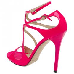 مملوكة مسبقًا صندل جيمي تشو لانس جلد وردي لامع بسيور مقاس 38.5