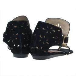 Pre Owned Jimmy Choo Black Suede Cutout Gladiator Flat Sandals Size 38