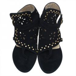 Pre Owned Jimmy Choo Black Suede Cutout Gladiator Flat Sandals Size 38