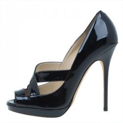 Pre Owned Jimmy Choo Black Patent Gesture Cross Strap Peep Toe Platform Pumps Size 36.5
