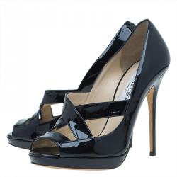 Pre Owned Jimmy Choo Black Patent Gesture Cross Strap Peep Toe Platform Pumps Size 36.5