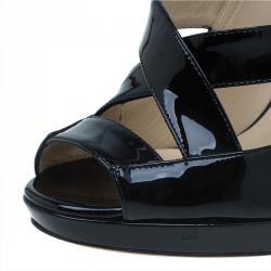 Pre Owned Jimmy Choo Black Patent Gesture Cross Strap Peep Toe Platform Pumps Size 36.5