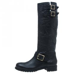 Pre Owned حذاء بوت جيمي تشو يول بايكر جلد مجعد أسود مقاس 40.5 