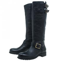 Pre Owned حذاء بوت جيمي تشو يول بايكر جلد مجعد أسود مقاس 40.5 