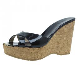 Pre Owned Jimmy Choo Black Patent and Cork Perfume Wedge Slides Size 38.5