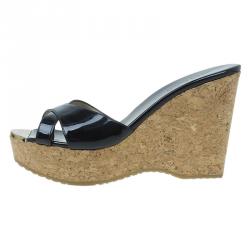 Pre Owned Jimmy Choo Black Patent and Cork Perfume Wedge Slides Size 38.5