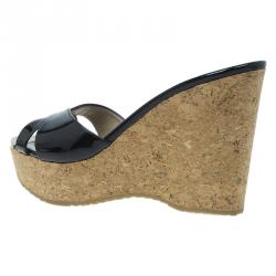 Pre Owned Jimmy Choo Black Patent and Cork Perfume Wedge Slides Size 38.5