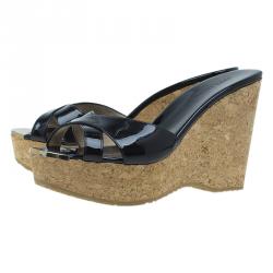 Pre Owned Jimmy Choo Black Patent and Cork Perfume Wedge Slides Size 38.5