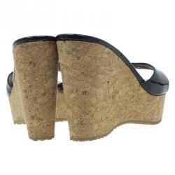 Pre Owned Jimmy Choo Black Patent and Cork Perfume Wedge Slides Size 38.5