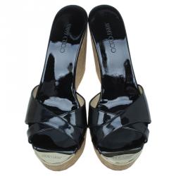 Pre Owned Jimmy Choo Black Patent and Cork Perfume Wedge Slides Size 38.5