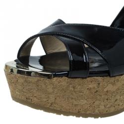 Pre Owned Jimmy Choo Black Patent and Cork Perfume Wedge Slides Size 38.5