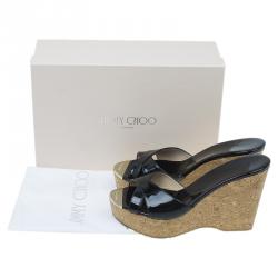 Pre Owned Jimmy Choo Black Patent and Cork Perfume Wedge Slides Size 38.5